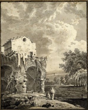  Richard Wilson  (Montgomeryshire, 1714 - Denbighshire, 1782) : Paesaggio con Villa Adriana a Tivoli.  - Asta Grafica, Dipinti ed Oggetti d'Arte dal XV al XX secolo - Libreria Antiquaria Gonnelli - Casa d'Aste - Gonnelli Casa d'Aste