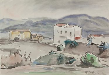  Raffaele De Grada  (Milano, 1885 - 1957) : Paesaggio con case.  - Asta Grafica, Dipinti ed Oggetti d'Arte dal XV al XX secolo - Libreria Antiquaria Gonnelli - Casa d'Aste - Gonnelli Casa d'Aste