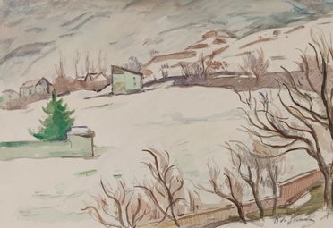  Raffaele De Grada  (Milano, 1885 - 1957) : Paesaggio sotto la neve.  - Asta Grafica, Dipinti ed Oggetti d'Arte dal XV al XX secolo - Libreria Antiquaria Gonnelli - Casa d'Aste - Gonnelli Casa d'Aste