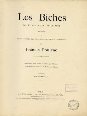  Poulenc Francis : Les biches, ballet avec chant en 1 acte.  - Asta Libri, manoscritti e autografi - Libreria Antiquaria Gonnelli - Casa d'Aste - Gonnelli Casa d'Aste