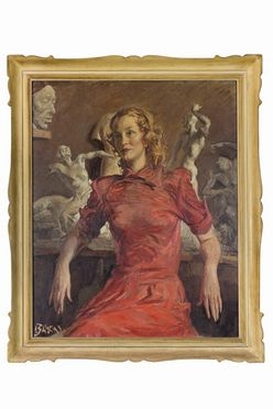  Paulo Ghiglia  (Firenze, 1905 - Roma, 1979) : Donna in abito rosso.  - Auction Prints and Drawings XVI-XX century, Paintings of the 19th-20th centuries - Libreria Antiquaria Gonnelli - Casa d'Aste - Gonnelli Casa d'Aste