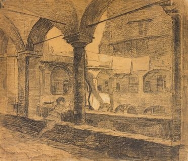  Renato Natali  (Livorno, 1883 - 1979) [attribuito a] : Lettrice nel chiostro.  - Auction Prints and Drawings XVI-XX century, Paintings of the 19th-20th centuries - Libreria Antiquaria Gonnelli - Casa d'Aste - Gonnelli Casa d'Aste