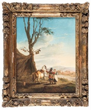  Philips Wouwerman  (Haarlem, 1619 - 1668) [alla maniera di] : La sosta del cavaliere.  - Asta Stampe, Disegni e Dipinti dal XVI al XX secolo - Libreria Antiquaria Gonnelli - Casa d'Aste - Gonnelli Casa d'Aste