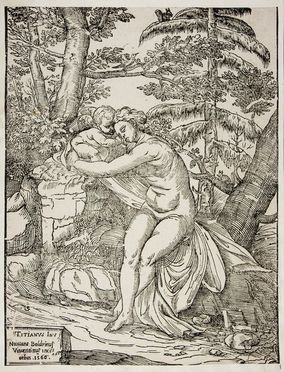  Nicol Boldrini  (Vicenza (?),, ) : Venere e Cupido.  Tiziano Vecellio  - Auction Prints, Drawings and Paintings from 16th until 20th centuries - Libreria Antiquaria Gonnelli - Casa d'Aste - Gonnelli Casa d'Aste
