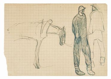  Lorenzo Viani  (Viareggio, 1882 - Ostia, 1936) : Cavallo e soldati.  - Asta Stampe, Disegni e Dipinti dal XVI al XX secolo - Libreria Antiquaria Gonnelli - Casa d'Aste - Gonnelli Casa d'Aste