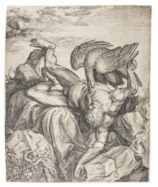  Cornelis Cort  (Hoorn, 1533 - Roma, 1578) : Prometeo.  Tiziano Vecellio  - Asta Stampe, Disegni e Dipinti dal XVI al XX secolo - Libreria Antiquaria Gonnelli - Casa d'Aste - Gonnelli Casa d'Aste