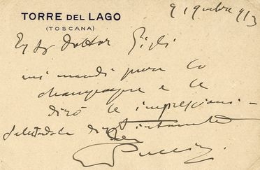  Puccini Giacomo : Biglietto autografo firmato inviato al Sig.r Gigli.  - Asta Libri, Manoscritti e Autografi - Libreria Antiquaria Gonnelli - Casa d'Aste - Gonnelli Casa d'Aste