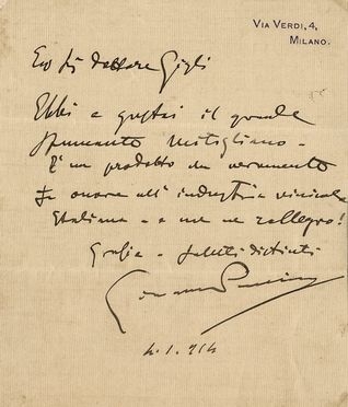  Puccini Giacomo : Lettera autografa firmata inviata al Sig.r Gigli.  - Asta Libri, Manoscritti e Autografi - Libreria Antiquaria Gonnelli - Casa d'Aste - Gonnelli Casa d'Aste