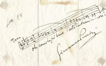  Puccini Giacomo : Citazione musicale autografa firmata dall'opera 'Tosca'. 4 battute di musica.  - Asta Libri, Manoscritti e Autografi - Libreria Antiquaria Gonnelli - Casa d'Aste - Gonnelli Casa d'Aste