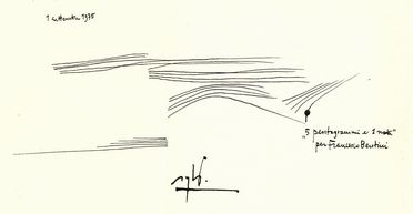  Bussotti Sylvano : 1 disegno musicale siglato dal titolo '5 pentagrammi e 1 nota' e 1 biglietto autografo siglato. Musica, Musica, Teatro, Spettacolo  - Auction Books, Manuscripts & Autographs - Libreria Antiquaria Gonnelli - Casa d'Aste - Gonnelli Casa d'Aste