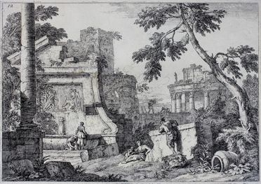  Marco Ricci  (Belluno, 1676 - Venezia, 1730) : Paesaggio con rovine e fontana.  - Asta Libri & Grafica. Parte I: Stampe, Disegni & Dipinti - Libreria Antiquaria Gonnelli - Casa d'Aste - Gonnelli Casa d'Aste