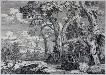  Marco Ricci  (Belluno, 1676 - Venezia, 1730) : Paesaggio con due monaci.  - Asta Libri & Grafica. Parte I: Stampe, Disegni & Dipinti - Libreria Antiquaria Gonnelli - Casa d'Aste - Gonnelli Casa d'Aste