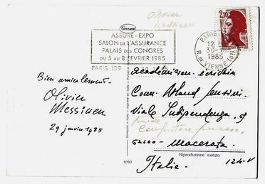  Messiaen Olivier : Cartolina viaggiata autografa firmata.  - Asta Libri & Grafica. Parte II: Autografi, Musica & Libri a Stampa - Libreria Antiquaria Gonnelli - Casa d'Aste - Gonnelli Casa d'Aste