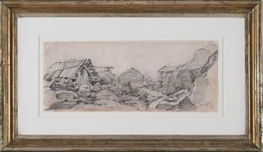  Charles Franois Daubigny  (Parigi, 1817 - 1878) : Paesaggio roccioso con rifugio di montagna.  - Asta Libri & Grafica. Parte I: Stampe, Disegni & Dipinti - Libreria Antiquaria Gonnelli - Casa d'Aste - Gonnelli Casa d'Aste