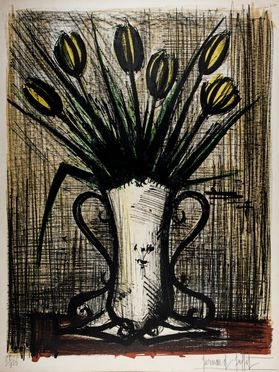  Bernard Buffet  (Parigi, 1928 - Tourtour, 1999) : Vase de tulipes.  - Asta Libri & Grafica. Parte I: Stampe, Disegni & Dipinti - Libreria Antiquaria Gonnelli - Casa d'Aste - Gonnelli Casa d'Aste