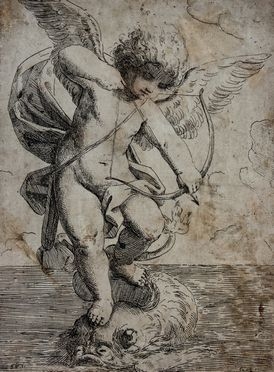  Gerolamo Scarsello  (Bologna, 1624) : Eros con arco e freccia su un delfino.  - Asta Libri & Grafica. Parte I: Stampe, Disegni & Dipinti - Libreria Antiquaria Gonnelli - Casa d'Aste - Gonnelli Casa d'Aste