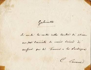  Cavour Camillo : Breve lettera autografa firmata, di carattere politico, inviata a 'Gabinette'.  - Asta Libri & Grafica - Libreria Antiquaria Gonnelli - Casa d'Aste - Gonnelli Casa d'Aste