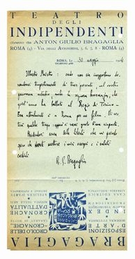  Bragaglia Anton Giulio : Lettera autografa firmata inviata ad un musicista. Arte  - Auction Books & Graphics - Libreria Antiquaria Gonnelli - Casa d'Aste - Gonnelli Casa d'Aste