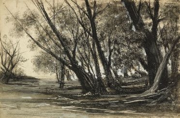  Antonio Fontanesi  (Reggio Emilia, 1818 - Torino, 1882) [attribuito a] : Paesaggio con alberi.  - Asta Libri & Grafica - Libreria Antiquaria Gonnelli - Casa d'Aste - Gonnelli Casa d'Aste