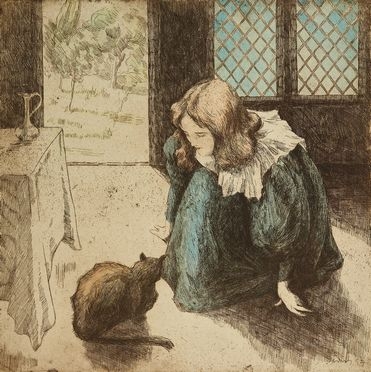  Alfredo Mller  (Livorno, 1869 - Parigi, 1940) : La petite fille au chat.  - Asta Libri & Grafica - Libreria Antiquaria Gonnelli - Casa d'Aste - Gonnelli Casa d'Aste