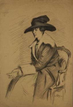  Emilio Mazzoni Zarini  (Firenze, 1869 - 1949) : Ritratto femminile con cappello.  - Asta Libri & Grafica - Libreria Antiquaria Gonnelli - Casa d'Aste - Gonnelli Casa d'Aste