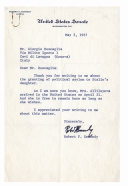  Kennedy Robert : Lettera dattiloscritta con firma autografa.  - Asta Libri & Grafica - Libreria Antiquaria Gonnelli - Casa d'Aste - Gonnelli Casa d'Aste