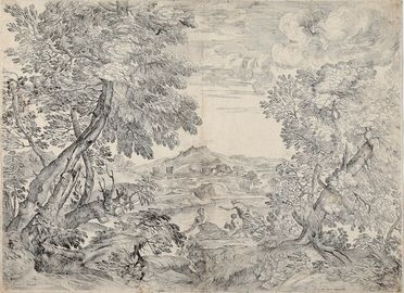  Giovanni Francesco Grimaldi  (Bologna (?),  - Roma, 1680) : Paesaggio lacustre con tre figure.  - Asta Libri & Grafica - Libreria Antiquaria Gonnelli - Casa d'Aste - Gonnelli Casa d'Aste