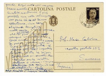  Calvino Italo : Cartolina postale viaggiata autografa firmata inviata al padre Mario.  - Asta Libri & Grafica - Libreria Antiquaria Gonnelli - Casa d'Aste - Gonnelli Casa d'Aste