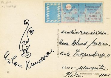  Kundera Milan : Firma autografa e disegno dello scrittore su cartolina viaggiata Letteratura straniera, Letteratura  - Auction Books & Graphics - Libreria Antiquaria Gonnelli - Casa d'Aste - Gonnelli Casa d'Aste