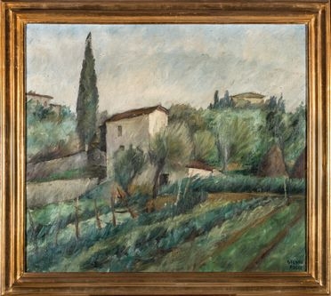  Silvio Pucci  (Pistoia, 1889 - Firenze, 1961) : Paesaggio toscano con case e cipresso.  - Asta Libri & Grafica - Libreria Antiquaria Gonnelli - Casa d'Aste - Gonnelli Casa d'Aste
