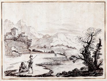  Falsario del Guercino : Paesaggio fluviale con figure.  - Asta Libri & Grafica - Libreria Antiquaria Gonnelli - Casa d'Aste - Gonnelli Casa d'Aste
