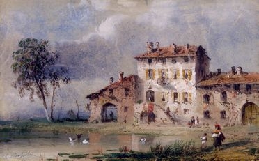  Carlo Bossoli  (Lugano, 1815 - Torino, 1884) : Casolare con stagno.  - Asta Libri & Grafica - Libreria Antiquaria Gonnelli - Casa d'Aste - Gonnelli Casa d'Aste