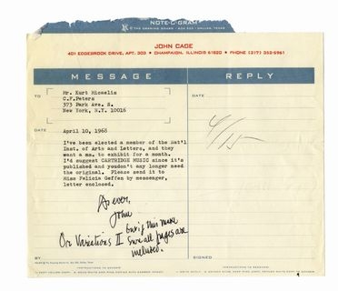  Cage John : Annotazione autografa e firma (John) inviata a Kurt Michaelis (Peters) su carta intestata del compositore. Musica, Musica, Teatro, Spettacolo  - Auction Graphics & Books - Libreria Antiquaria Gonnelli - Casa d'Aste - Gonnelli Casa d'Aste