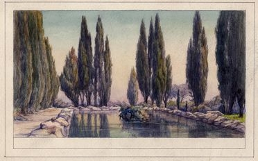  Marcello Boglione  (Pescara, 1891 - Torino, 1957) [attribuito a] : Paesaggio con fontana naturale e cipressi.  - Asta Grafica & Libri - Libreria Antiquaria Gonnelli - Casa d'Aste - Gonnelli Casa d'Aste