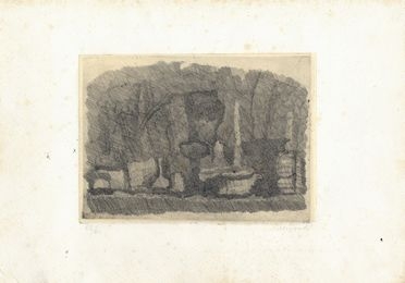  Giorgio Morandi  (Bologna, 1890 - 1964) : Natura morta di vasi, bottiglie su un tavolo.  - Asta Grafica & Libri - Libreria Antiquaria Gonnelli - Casa d'Aste - Gonnelli Casa d'Aste