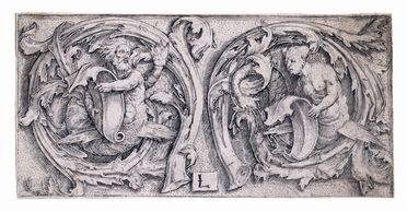  Lucas Van Leyden  (Leida,, 1494 - 1533) : Fregio con tritone e sirena in tralci di vite.  - Asta Grafica & Libri - Libreria Antiquaria Gonnelli - Casa d'Aste - Gonnelli Casa d'Aste