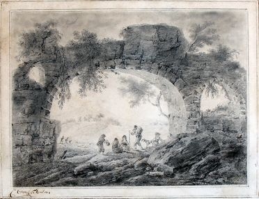  Jean-Baptiste Pillement  (1728 - 1808) : Grande paesaggio con figure sotto arco antico.  - Asta Grafica & Libri - Libreria Antiquaria Gonnelli - Casa d'Aste - Gonnelli Casa d'Aste