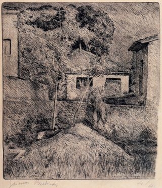  Giovanni Barbisan  (Treviso, 1914 - Orbetello, 1988) : Paesaggio con case.  - Asta Grafica & Libri - Libreria Antiquaria Gonnelli - Casa d'Aste - Gonnelli Casa d'Aste