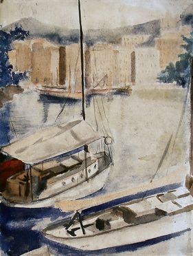  Giuseppe Flangini  (Verona, 1898 - Verona, 1961) [attribuito a] : Barche sul fiume.  - Asta Grafica & Libri - Libreria Antiquaria Gonnelli - Casa d'Aste - Gonnelli Casa d'Aste