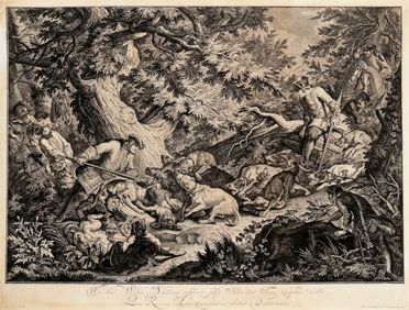  Johann Elias Ridinger  (Augsburg, 1698 - 1767) : Wie das Wildschwein gehtzt und ihm der Fang gegeben wird (La caccia al cinghiale).  - Auction Graphics & Books - Libreria Antiquaria Gonnelli - Casa d'Aste - Gonnelli Casa d'Aste