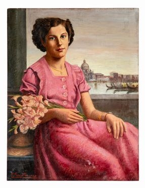  Pietro Pezzotta  (Villa di Serio, 1914 - 1998) : Ritratto femminile con sfondo di Venezia.  - Auction Graphics & Books - Libreria Antiquaria Gonnelli - Casa d'Aste - Gonnelli Casa d'Aste