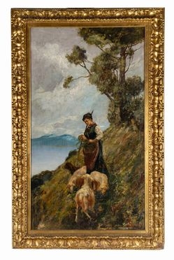  Stefano Bruzzi  (Piacenza, 1835 - 1911) : Scena bucolica con lago, pastorella e pecore.  - Asta Grafica & Libri - Libreria Antiquaria Gonnelli - Casa d'Aste - Gonnelli Casa d'Aste