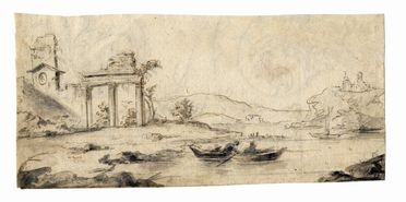  Venetian school, 18th century : Paesaggio fluviale con rovine classiche.  - Auction Graphics & Books - Libreria Antiquaria Gonnelli - Casa d'Aste - Gonnelli Casa d'Aste
