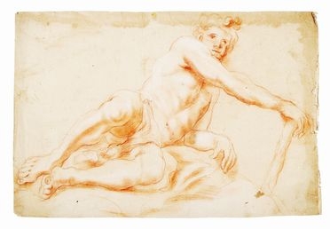  Scuola emiliana del XVII secolo : Studio per nudo virile coricato.  - Asta Grafica & Libri - Libreria Antiquaria Gonnelli - Casa d'Aste - Gonnelli Casa d'Aste