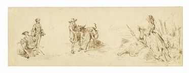 Gustave Dor  (Strasbourg, 1832 - Paris, 1883) [attribuito a] : Studio di due armigeri, un contadino con somaro e due dame.  - Asta Grafica & Libri - Libreria Antiquaria Gonnelli - Casa d'Aste - Gonnelli Casa d'Aste