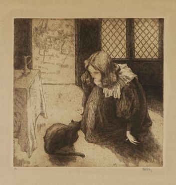  Alfredo Mller  (Livorno, 1869 - Parigi, 1940) : La petite fille au chat.  - Auction Graphics & Books - Libreria Antiquaria Gonnelli - Casa d'Aste - Gonnelli Casa d'Aste