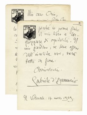  D'Annunzio Gabriele : Lettera autografa firmata inviata a Orio Vergani.  - Auction Graphics & Books - Libreria Antiquaria Gonnelli - Casa d'Aste - Gonnelli Casa d'Aste