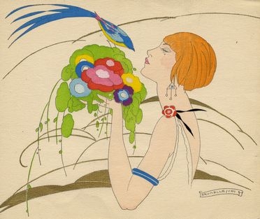  Umberto Brunelleschi  (Montemurlo, 1879 - Parigi, 1949) : Figura femminile con uccellino.  - Asta Grafica & Libri - Libreria Antiquaria Gonnelli - Casa d'Aste - Gonnelli Casa d'Aste