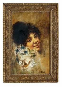  Nicola Biondi  (Capua, 1866 - Napoli, 1929) : Volto femminile con fiori.  - Asta Grafica & Libri - Libreria Antiquaria Gonnelli - Casa d'Aste - Gonnelli Casa d'Aste