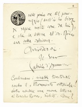  D'Annunzio Gabriele : Signed autograph letter sent to the commander Giovanni Rizzo.  - Auction Graphics & Books - Libreria Antiquaria Gonnelli - Casa d'Aste - Gonnelli Casa d'Aste